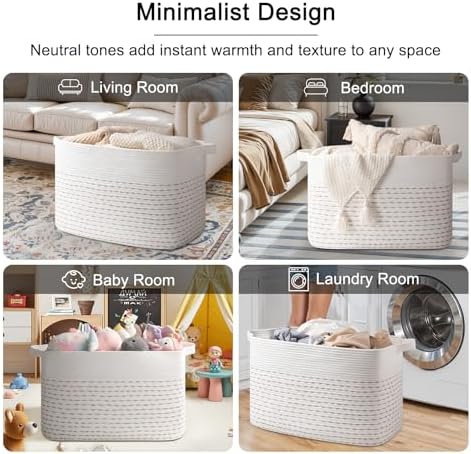 OIAHOMY 108L Extra Large Blanket Basket, 25”x16”x16” Rectangle Woven Cotton Rope Baskets for Living Room, Toy Storage with Handle- Light Yellow & White - Image 6