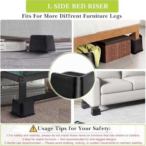 Bed Risers 2 inch, 3 inch, 4 inch, 6 inch, 8 inch Heavy Duty, Oversized Furniture Riser for Couch Sofa Table Chair Leg Frame Dorm, Support up to 6000 Lbs (Black 4 Pack, 4 inch) - Image 3