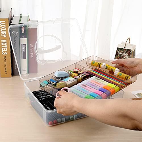 BTSKY 2-Tier Cute Bear Storage Box with Removable Divided Tray Portable Clear Plastic Art Craft Supply Organizer Stackable Home Office Supplies Storage Container for Pens Notes A4 papers etc (Coffee) - Image 2