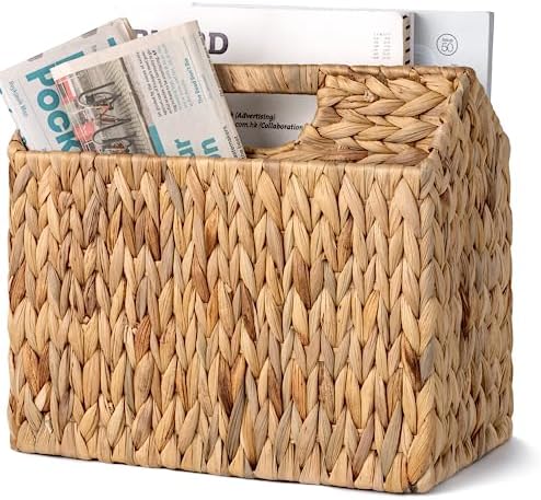 StorageWorks Hand-Woven Divided Magazine Basket, Rattan Magazine Holder, Natural Wicker Magazine Rack for Bathroom, Office, Water Hyacinth, 1 Pack by StorageWorks