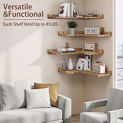 4 Tier Floating Corner Shelves Set of 4, Rustic Pine Wood Floating Corner Wall Shelf for Wall Décor Storage, L Shaped Corner Shelf Wall Mount for Bedroom,Living Room,Bathroom,Kitchen,Carbonized Black. - Image 3