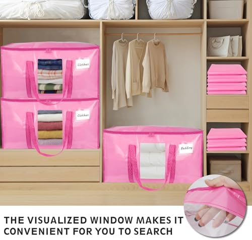 8 Pack Extra Large Moving Bags Heavy Duty 180GSM,130LBS 100L Totes with Visible Window, Zippers & Wrap-Around Handles, Waterproof Reusable, Alt to Moving Boxes, Pink - Image 6