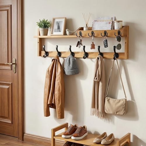 27.5" Wall Mount Coat Rack with Shelf, Key Holder & Mail Organizer, Brown - Image 6