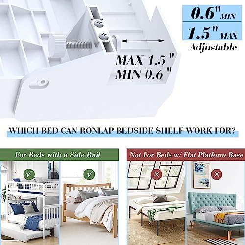 Ronlap Folding Bedside Shelf Bunk Bed Shelf Organizer for Top Bunk Clip On Bed Side Shelf Tray for College Dorm Loft Plastic Bedside Nightstand with Cup Holder, Small Size with Drawer, White - Image 3