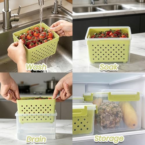 Set of 3 Fruit Storage Containers for Fridge with Removable Colander and Handle Lid, 4.6qt|2.5qt|1qt Dishwasher Microwave Safe, Keep Berry Fresh Longer (Light Green) - Image 6