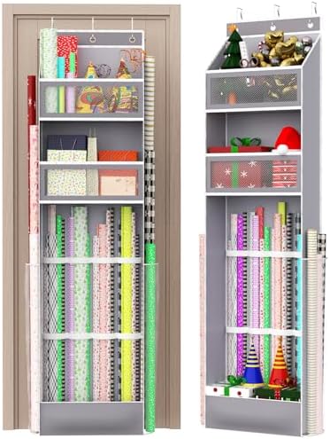 Over Door Wrapping Paper Organizer Hanging – Christmas Gift Wrap Storage for Ribbons, Bows, Ornament and Other Tools, Behind Door Long Craft Roll Holder Bag, Present Wrap Container, 1Pack, Gray by Wakaye