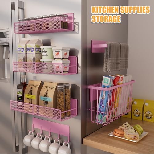 DTUQYX 6 Pack Magnetic Shelves for Washing Machine, Magnetic Spice Rack Organizer for Refrigerator, Magnetic Shelf with Hanger Organizer, Metal Magnetic Basket, Laundry Organization and Storage, Pink - Image 6