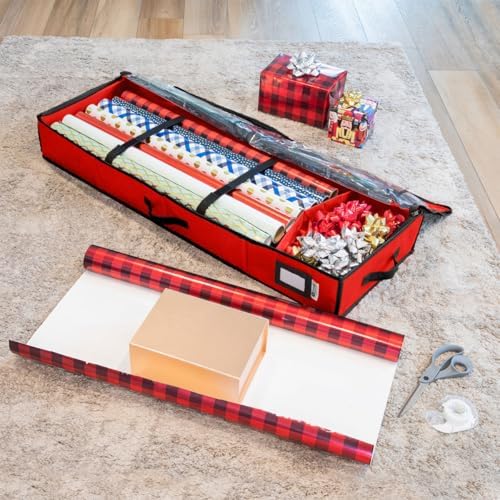 HOLDN’ STORAGE Premium Wrapping Paper Storage Container - Durable 600D Tear-Proof, Fits 27 Rolls Gift Wrap, Extra Pockets for Ribbons & Bows, Underbed Storage - Ideal for Holiday Christmas, Red - Image 2