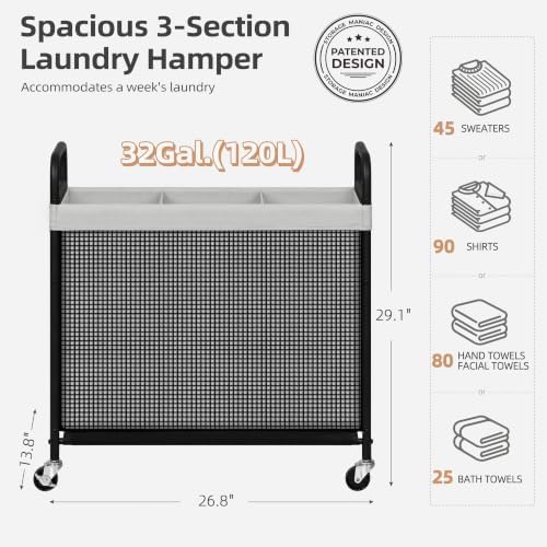 STORAGE MANIAC Rolling Laundry Hamper with Wheels 3-Section Laundry Sorter Rolling Laundrys Basket on Wheels with Removable Bag Clothes Hamper Laundrys Organizer Cart Bathroom Bedroom 120L Grey - Image 3