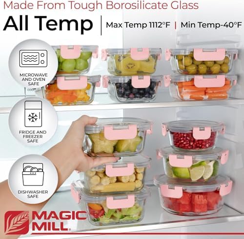 Magic Mill Premium Borosilicate Glass Food Storage Containers with lids Set | 24pc Sets with 12 Bowls & 12 Airtight Locking Lids for Lunch & Meal Prep, Safe for Oven, Freezer, Dishwasher, BPA-Free - Image 4