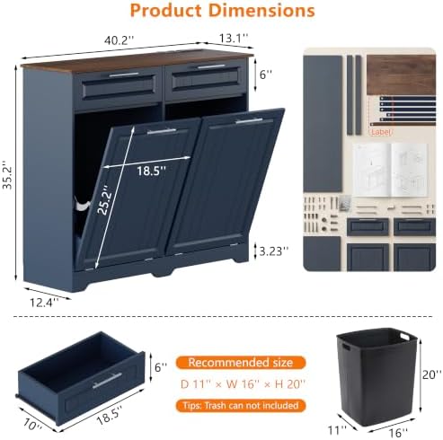 Double 10 Gallon Tilt Out Trash Can Cabinet with Deodorizing Function and Power Outlet, Wooden Hidden Garbage Can Holder with 2 Storage Drawers for Kitchen, Laundry Hamper Cabinet for Bathroom, Blue - Image 2