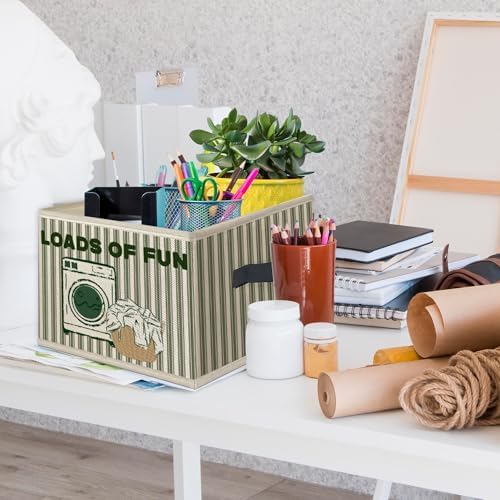 Funny Laundry Basket Foldable Storage Bins Box with Handles, Loads of Fun Retro Green Striped Collapsible Toys Books Clothes Organizer Basket for Bathroom Laundry Room Washroom - Image 3