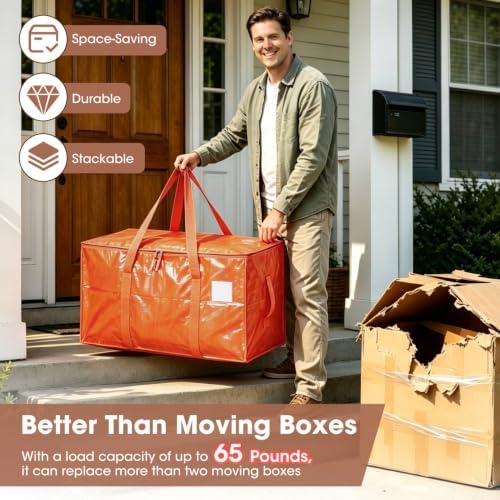 6Pcs Heavy Duty Extra Large Moving Bags Orange Storage Totes Fold Flat - Image 2
