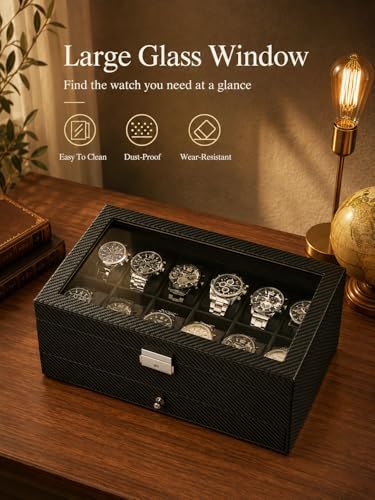 GUKA Watch Box, 12 Slot Watch Case, Watch Cases for men with Real Glass Lid, Synthetic Leather Watch Organizer storage with Jewelry Case, Birthday for Men and Women, Black, GK-012-BKCX - Image 3