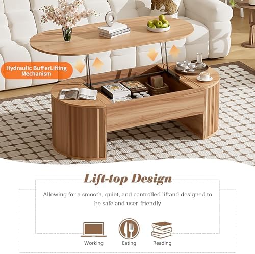 Merax 47.2'' Lift Top Oval Coffee Table with Hidden Storage Compartment, Modern Wooden Center Table with Oval Lift Tabletop for Home Living Room, Light Brown - Image 7