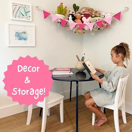 Stuffed Animal Hammock Corner - Large Stuffy Storage With Colorful Flags - Squishie Storage and Plushie Net Stuffed Animal Hammock (Pink) - Image 3