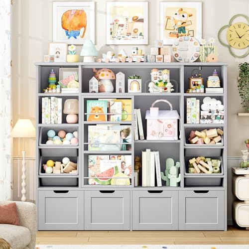 FINETONES Toy Storage with Sliding Bookshelf, Toy Organizer with 4 Bins - Image 5