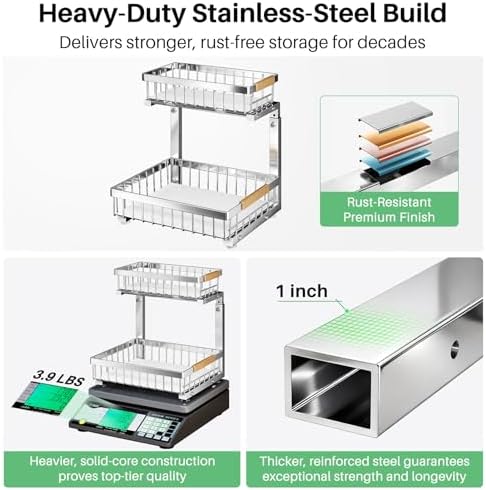 Kitstorack Under Sink Organizer, 2 Tier Under the Sink Storage, Slide out Pull out Cabinet Organizer Shelf, Metal Sliding Drawer for Kitchen Bathroom Pantry Closet Organization Rack, Silver, 1 Pack - Image 2