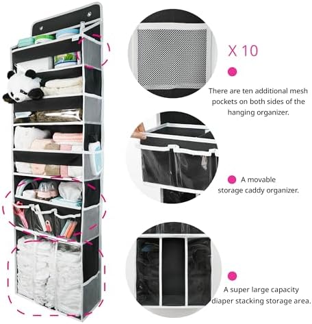 Door Hanging Storage Organizer,with 3 Bins 1 Movable Baby Diaper Caddy,1 Large capacity diaper stacking storage Organizer,10 Side Pockets ,Bedroom Door Storage for Nursery Baby Essentials. (Dark grey) - Image 4