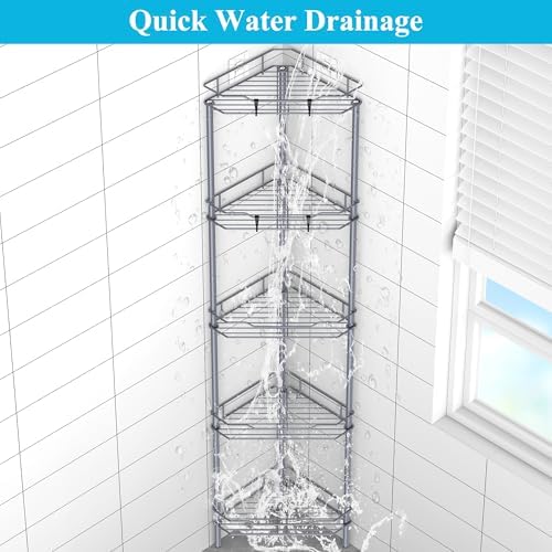 HuggieGems Metal Floor Standing Corner Shower Caddy, Dark Gray, 5 Tier - Image 4
