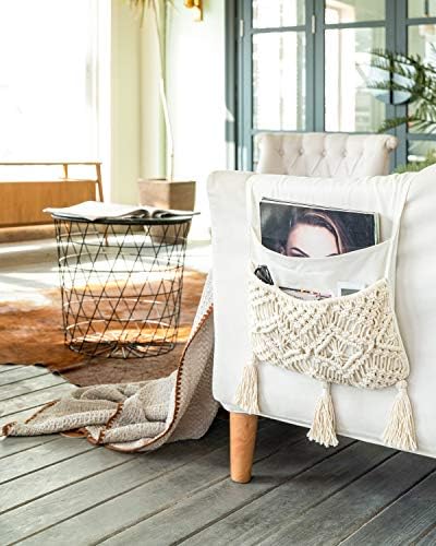 Mkono Macrame Armchair Caddy, Boho Couch Armrest Organizer, 4 Pockets Beige - Image 2