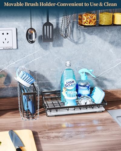 Consumest Sink Caddy, Kitchen Sponge Holder with Dish Brush Holder, Kitchen Sink Organizer with Drip Tray for Countertop Stainless Steel Rustproof, Black-Large - Image 2
