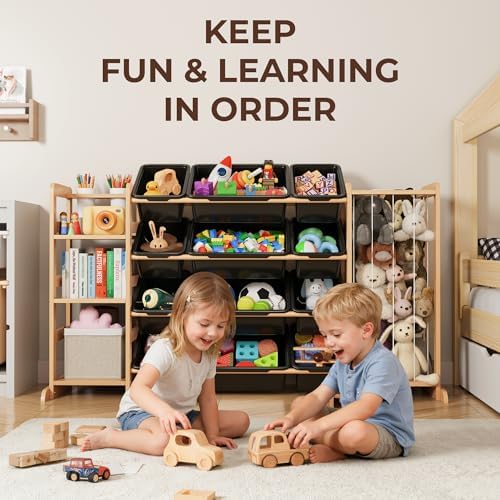 Toy Storage Organizer with Bookshelf and Stuffed Animal Storage - Kids Playroom Organization with 3 Shelves and 12 Bins - Toddler Living Room Toy Box for Collections - Nursery Bedroom Decor Essential - Image 2
