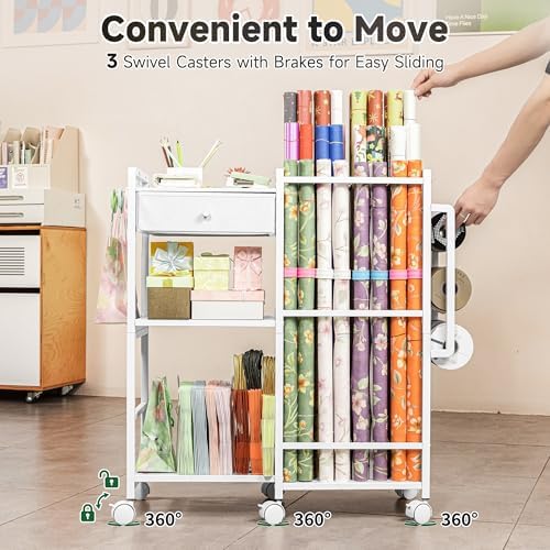 Aquzee Wrapping Paper Storage, Rolling Gift Wrap Station, 9 Adjustable Rod Design, Vertical Wrapping Paper Storage Cart, Ribbon Organizers and Gift Bag Storage, 12 PCS Slap Bands, White - Image 5