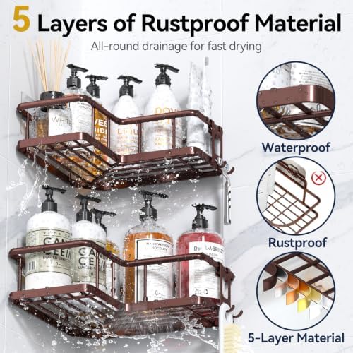 YASONIC Corner Shower Caddy Adhesive, 100% Rustproof Shower Organizer, No Drill Shower Shelf for Inside Shower, Wall-Mounted Shower Storage for Homes (2 Pack, Bronze) - Image 5