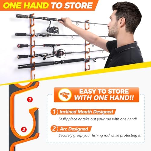 PLUSINNO H5 Horizontal Fishing Rod/Pole Holders for Garage, Wall Ceiling Mounted Fishing Rod Holder, Aviation Aluminum Fishing rod rack Holds up to 5/10/20 Rod or Combos Fishing Gear and Gifts for Men - Image 4