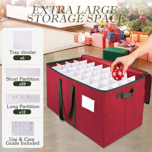 RoomHacks Christmas Ornament Storage Box, Store Up to 128 Ornaments, Christmas Storage Container, Dual Zipper & Adjustable, Large Organizer Bin to Protect and Store Holiday Ornaments (Red-2 Pack) - Image 4