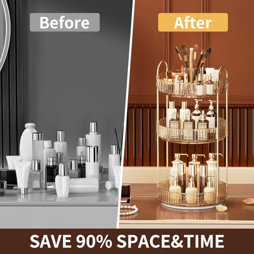 360° Rotating Makeup Organizer, Large-Capacity Skincare Make Up Storage 3 Tier Perfume Organizers Cosmetic Dresser Organizer with Makeup Brush Holder, Fits Bedroom, Bathroom, Vanity Shelf Countertop - Image 2