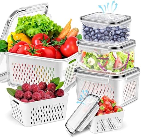 4Pack Fruit Storage Container for Fridge with Removable Colander and Vent by ODOMU