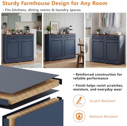 Double 10 Gallon Tilt Out Trash Can Cabinet with Deodorizing Function and Power Outlet, Wooden Hidden Garbage Can Holder with 2 Storage Drawers for Kitchen, Laundry Hamper Cabinet for Bathroom, Blue - Image 6