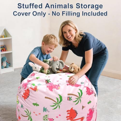 Lukeight Dinosaur Stuffed Animal Storage Bean Bag Chair Cover for Kids, Velvet Plush Toy Organizer Seat, Cover Only, No Filling Included, Long YKK Zipper, Side Pocket, X-Large 30"D x 18"H - Image 4