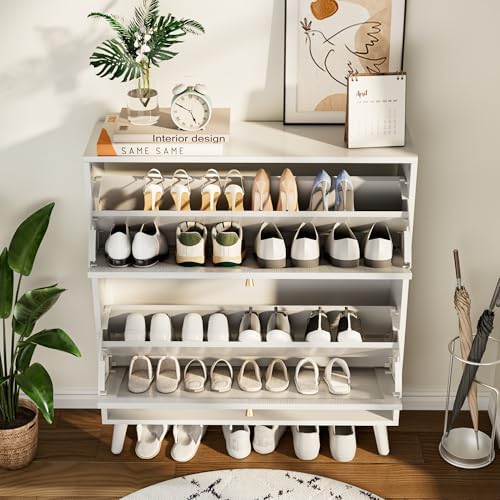 Fsbecl Shoe Storage Cabinet for Entryway with 2 Fluted Flip Drawers, White - Image 3