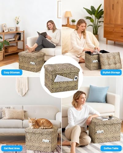 Bsketa Storage Ottoman Bench, 17" Folding Velvet Foot Rest,Leopard Print - Image 6