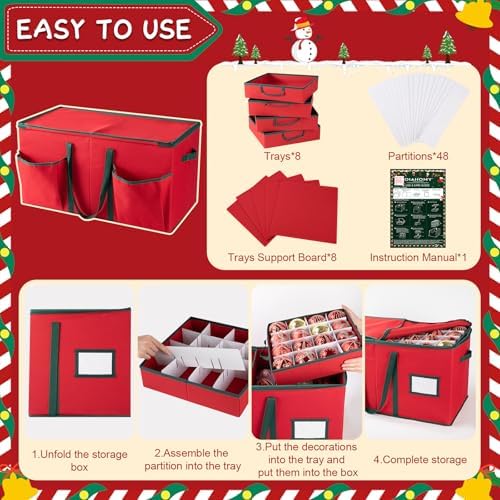 OIAHOMY Ornament Storage Box Holds 128 Christmas Ornaments, Christmas Ornament Storage Include Trays and Zippers, Ornament Organizer with Handle, Made of 600D Oxford Fabric - Green - Image 6