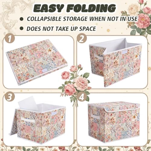 Briwooody Vintage Floral Storage Bin with Lid and Carrying Handle Retro Flower Foldable Storage Box Large Farmhouse Decorative Collapsible Container Basket for Organizing Closet Home Bedroom Gift - Image 3