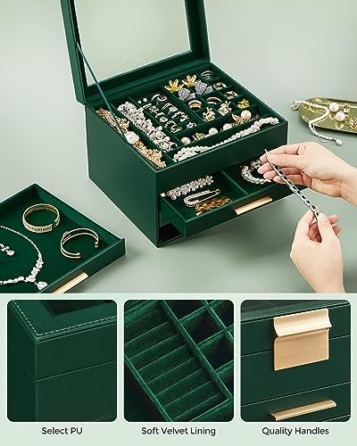 SONGMICS Jewelry Box Organizer, 4-Layer Storage with 3 Drawers, Glass Lid - Image 5