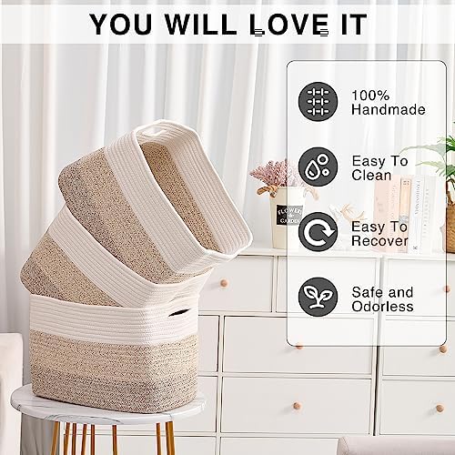 ICERZCZ Storage Baskets for Organizing Shelves, Woven Cotton Rope Bins for Baby Nursery Organization, Book Toy Towel Organizer, 15"x11"x9.5", 3 Packs, Gradient Brown - Image 5