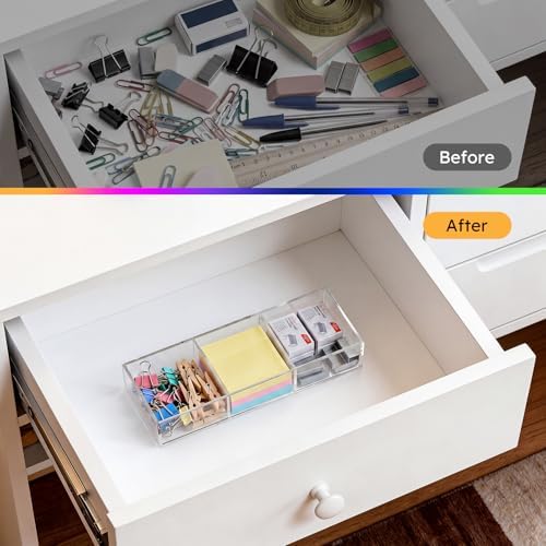 HIIMIEI 3 Section Clear Acrylic Drawer Organizer Tray, Office & Makeup Drawer Organizer (11.8x4.3 inch) (Pack of 2) - Image 3