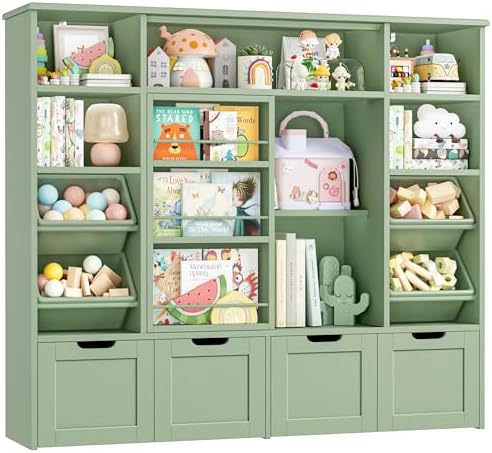 FINETONES Toy Storage with Sliding Bookshelf, Toy Organizer with 4 Bins by finetones