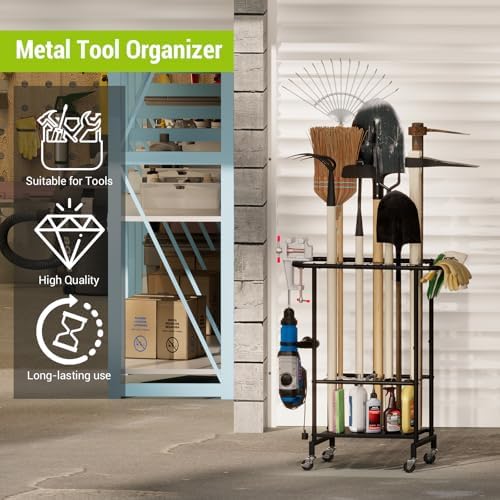 3-Tier Garden Tool Organizer with Wheels, Garage Floor Rolling Storage Cart on Wheels Heavy Duty Metal Rolling Storage Cart, Yard Tool Tower Rack for Garage, Patio, Shed, Indoor Outdoor - Image 2