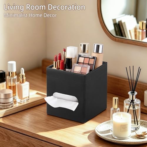 PUSU Square PU Leather Tissue Box Cover with Top Storage Tray Modern Decor - Image 6