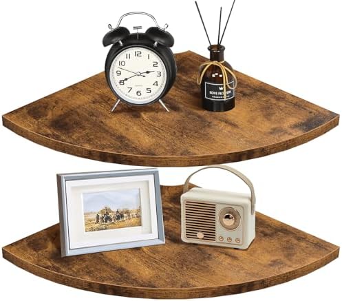 Homode Corner Shelf Wall Mount, 12 Inch Wood Floating Corner Shelves with Cord Hole, Set of 2 Large Corner Hanging Shelves for Bathroom Bedroom Kitchen, Rustic Brown by Homode
