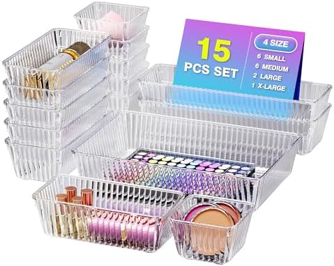 15 PCS Clear Plastic Drawer Organizer Set, Makeup Organizer Trays by Okylvve