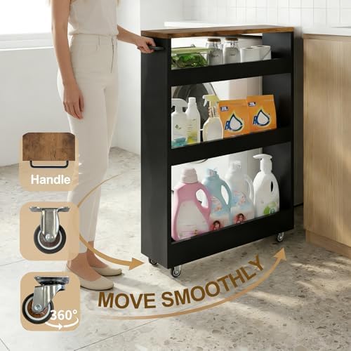 TEAMIX Wood 4-Tier Slim Rolling Storage Cart, 7.9"W, 24.8"D, 36.7"H, Black - Image 3