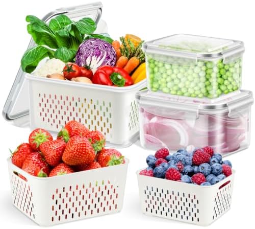 TBMax Fruit Storage Containers for Fridge, 6 Pcs Produce Saver with Colander for Rinsing, Berry Containers Lettuce Keeper Refrigerator Organizers Airtight Food Storage with Lid by TBMax