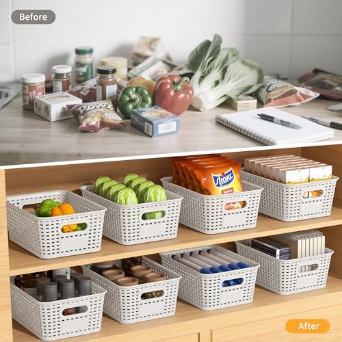 8 Pack Plastic Storage Baskets,White Stackable Storage Bins - Image 4
